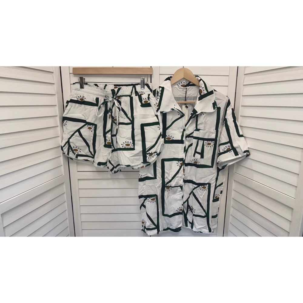 Commense Two Piece Matching Set Women White Green Abstract Linen Blend Medium